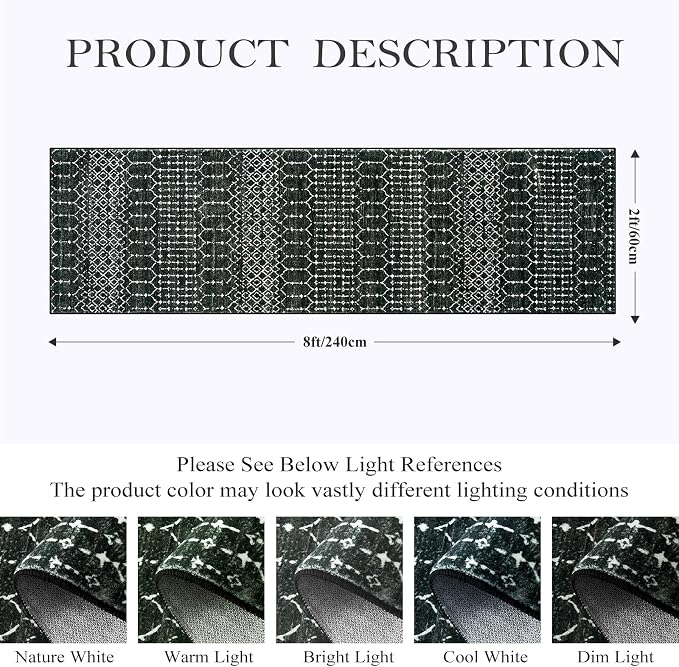 Lahome Moroccan Black Rug 2x8 Washable Non-Skid Kitchen Floor Runner,