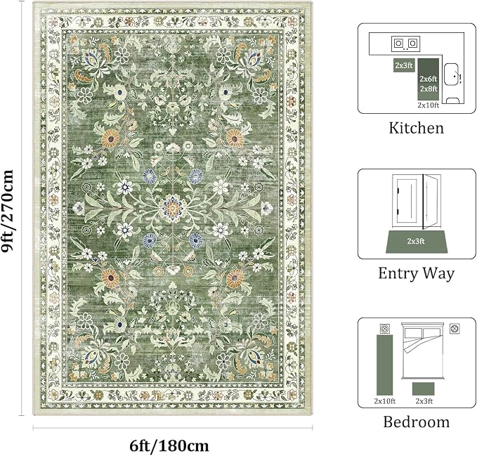 Yamaziot Washable Area Rug 6x9, Large Non-Slip Boho Floral Living Room Rug