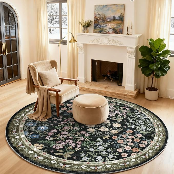 Washable Round Rugs for Bedroom 4ft: Living Room Rug Stain Resistant Non Slip