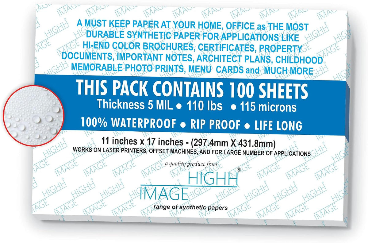 Premium Waterproof Synthetic Paper 5 MIL 110Lb 11 x 17 Non-Tear 100 Sheets