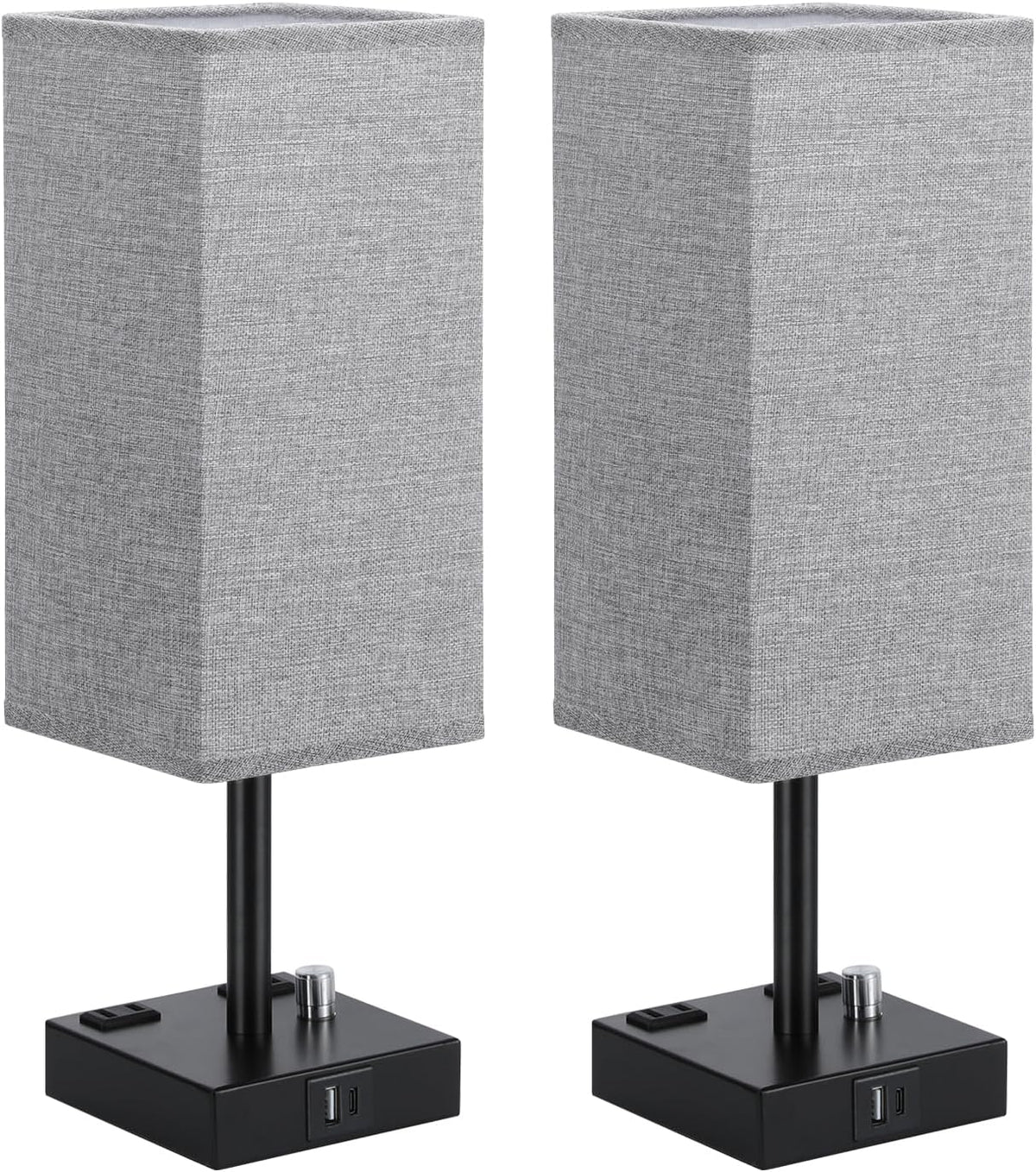 Grey Bedside Table Lamps Set of 2 - Dimmable, USB C+A, 2 AC Outlets
