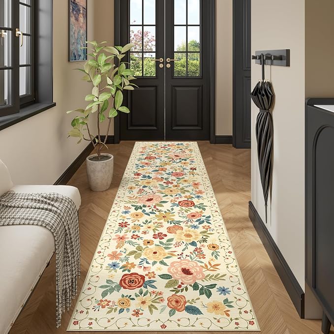 DUKINO Runner Rug for Hallway, 2.6x10 Washable Floral Long Kitchen Rug