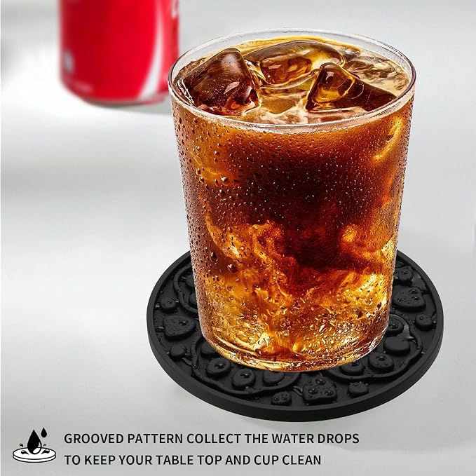 Black Silicone Coasters with Holder, 4 Inch Modern Non-Slip Drink Coasters Set