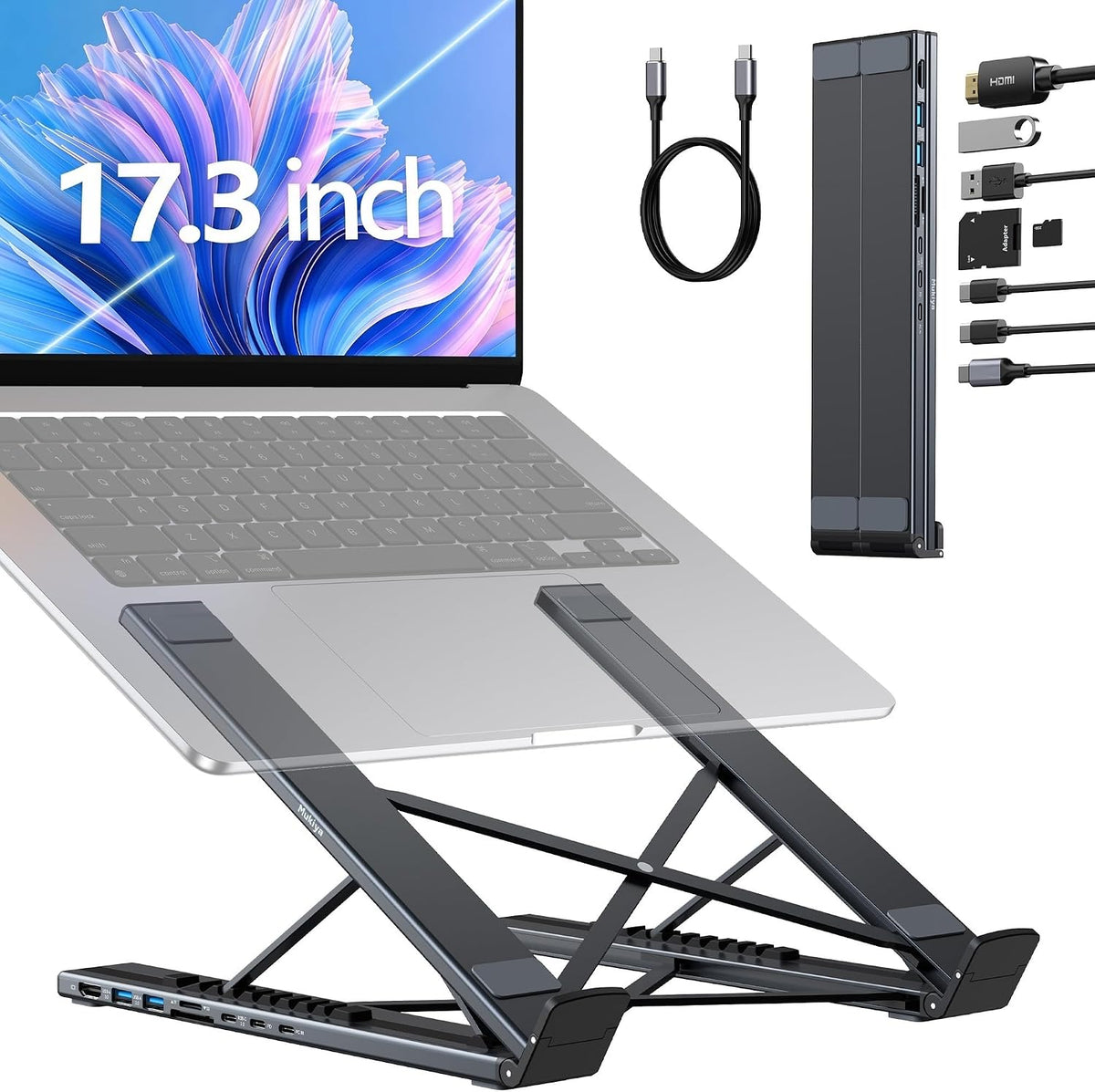Mukiya Portable Laptop Stand with Docking Station, 8-in-1 USB-C Hub