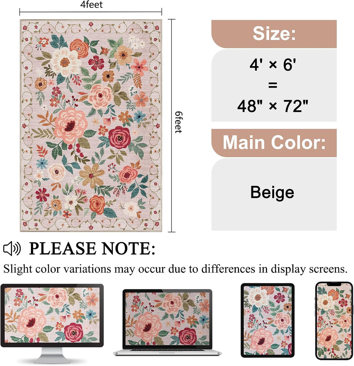 DUKINO 4x6 Area Rug, Floral Washable Rug Non Slip Office Chair Mat, Beige