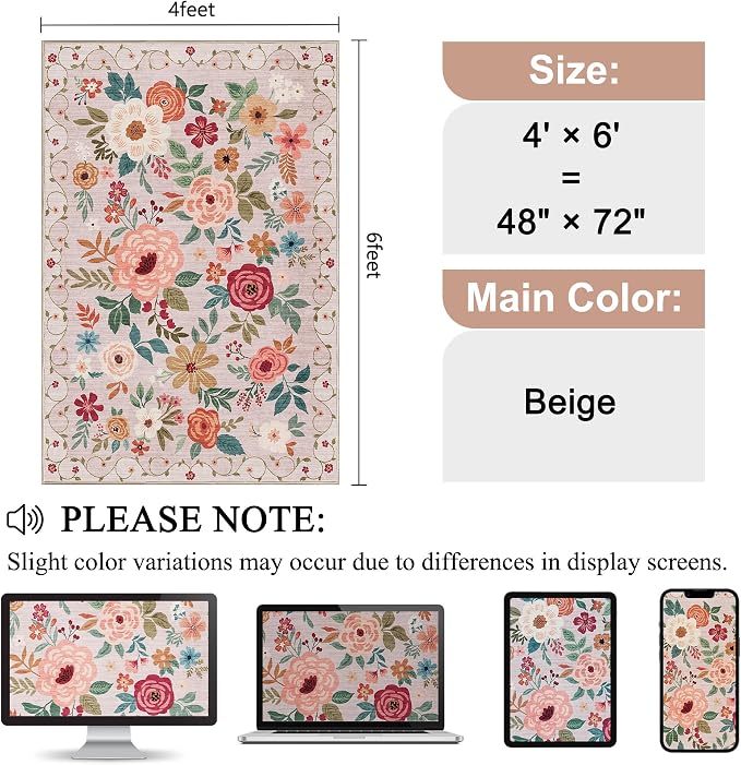 DUKINO 4x6 Feet Office Chair Mat, Lightweight Non Slip Washable Floral Area Rug