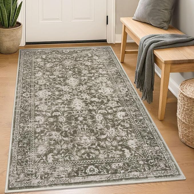 KILOCOCO Area Rug 3x5 Entryway Rug Washable Printed Vintage Floral Rubber