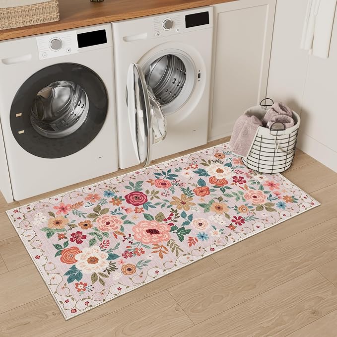 DUKINO 2x4 Rug for Entryway, Washable Kitchen Floral Runner Rug