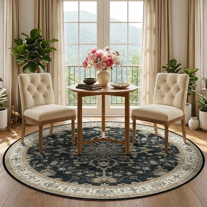 RELEANY Area Rugs Round 5ft Washable Non-Slip, Floral Vintage Distress