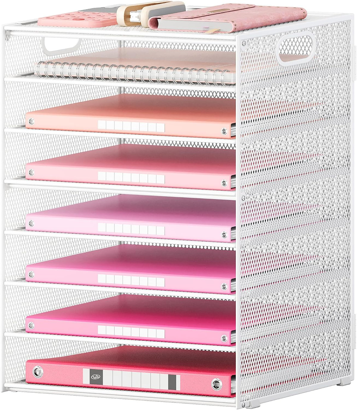 Lavatino 8-Tier Letter Tray Desk Paper Organizer, Mesh File Tray Organizer for Desk, Office Supplies & Home Organization, Fits A4 Paper, Mail, Magazines and Office Accessories (White with Handle)