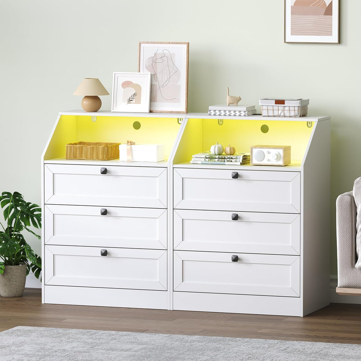 Wodeer White Dresser 3 Drawer Nightstand, Wood Night Stand with LED Lights, Charging Station, Metal Handles, Modern Storage Cabinet and Organizer Drawers for Living Room, Hallway