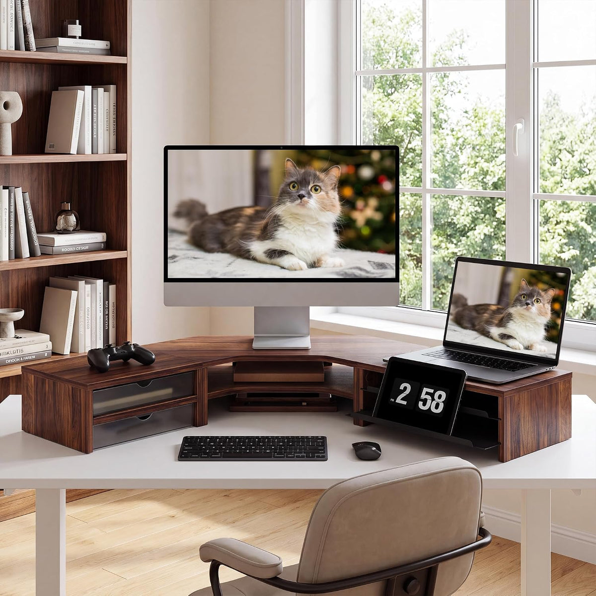 Fenge Dual Monitor Stand, Corner Desk Shelf with Drawer & Slide-Out Tray