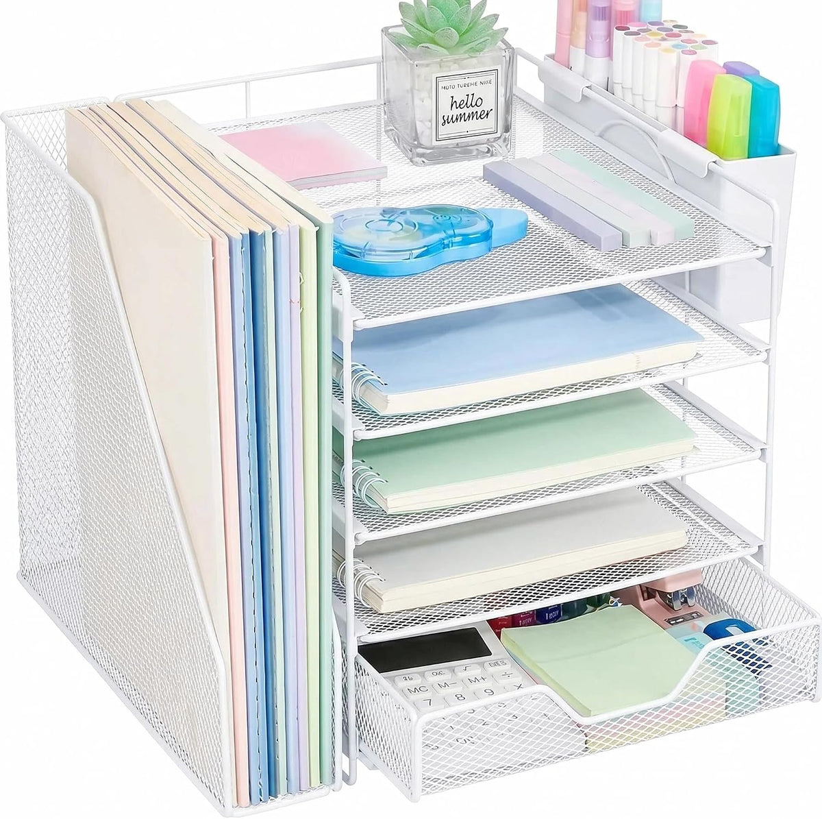 5-Tier Desk File Organizer with Drawer & Pen Holder (White)