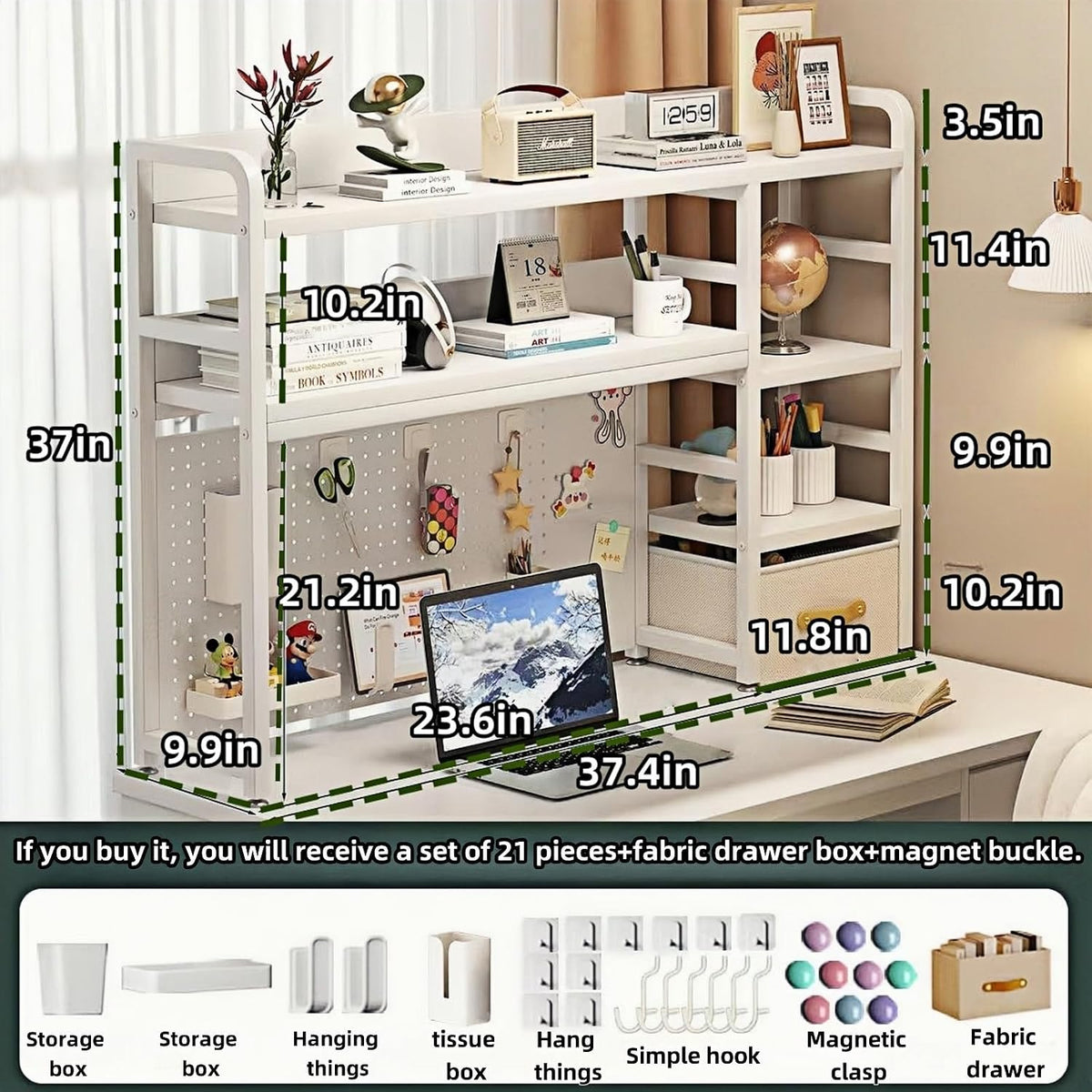 Desktop Bookshelf, pegboard Storage and Organization Rack, Dorm Desk Shelf, Desk Hutch, Desktop Storage for Office, Study, Student Display Rack,Desktop Shelves (White 37.4" Lx9.9 Wx37 H)