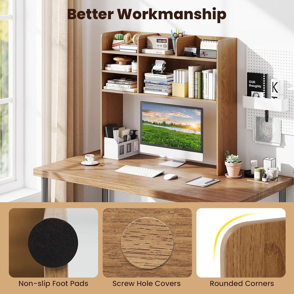 GIANTEX Desktop Bookshelf, 37" Desk Hutch Dorm for Computer Up to 32 Inch, Countertop Hutch w/6 Storage Shelves, 3-Tier Desktop Organizer Display Rack, Wood Desk Shelf for Home Office (Natural)