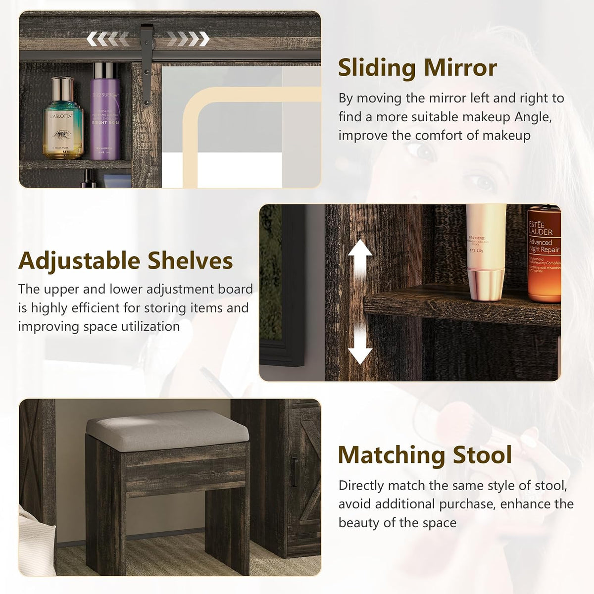 Farmhouse Makeup Vanity Desk with Sliding Mirror and Lights, 42 Wood Vanity Table Set with Glass Top, Power Outlets, Jewelry Storage Cabinet, 4 Drawers, Stool for Country Room Decor, Rustic Black