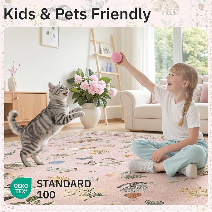 Soalmost Cat 4x6 Area Rugs for Baby Girl Nursery, Machine Washable Animal