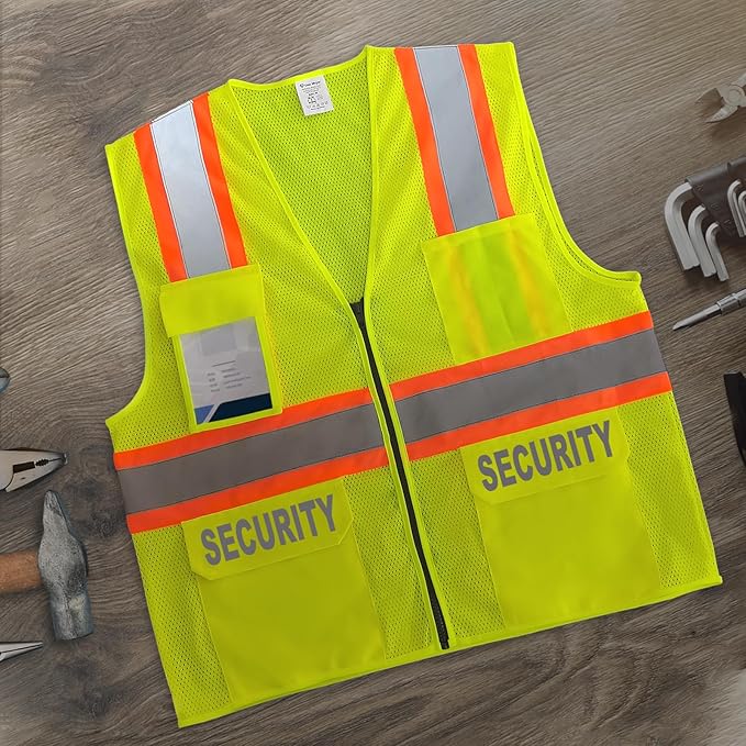 Security Vest for Security Guard, Safety Vest with Pockets, Reflective Work Wear with Zipper, High Visibility apparel, ANSI Compliant, Yellow, XL