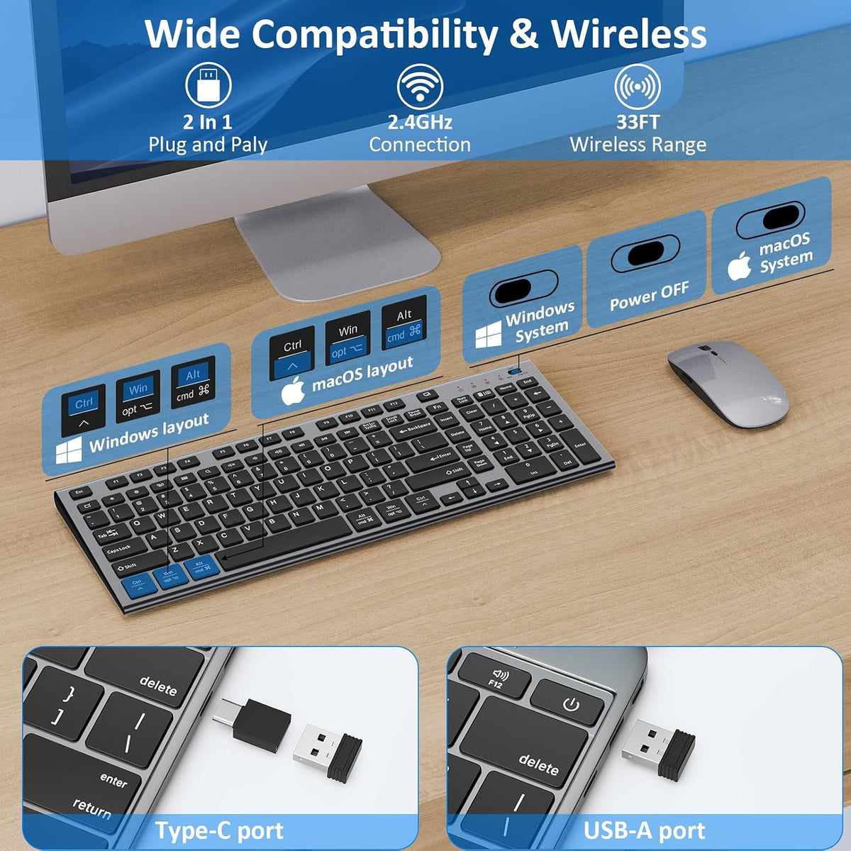 Keyboard and Mouse Wireless, Slim Flat Silent Quiet Black & Gray