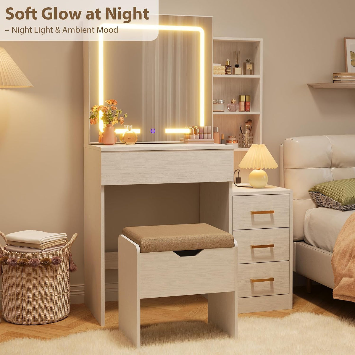 IDEALHOUSE Makeup Vanity Desk with Sliding Lighted Mirror, 4 Drawers, White