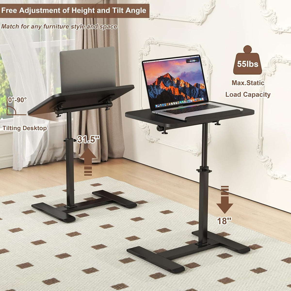 Adjustable Height C Shaped Side Table,360°Swivel Overbed Table,Top Tilting Laptop Stand Table with Hidden Wheels,Mobile Couch End Tables that Slide under,Rolling TV Coffee Table for Sofa/Bed(black)