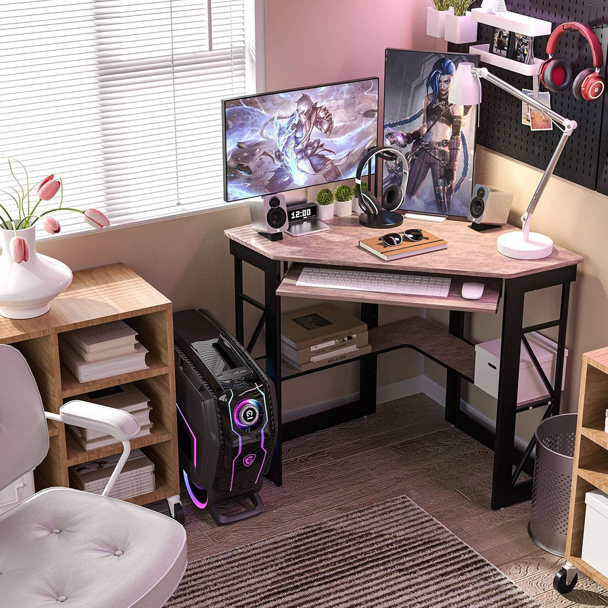 VECELO Corner Desk Computer Desk Writing Table with Smooth Keyboard Tray & Storage Shelves,Compact Home Office Triangle Table,Rustic Brown