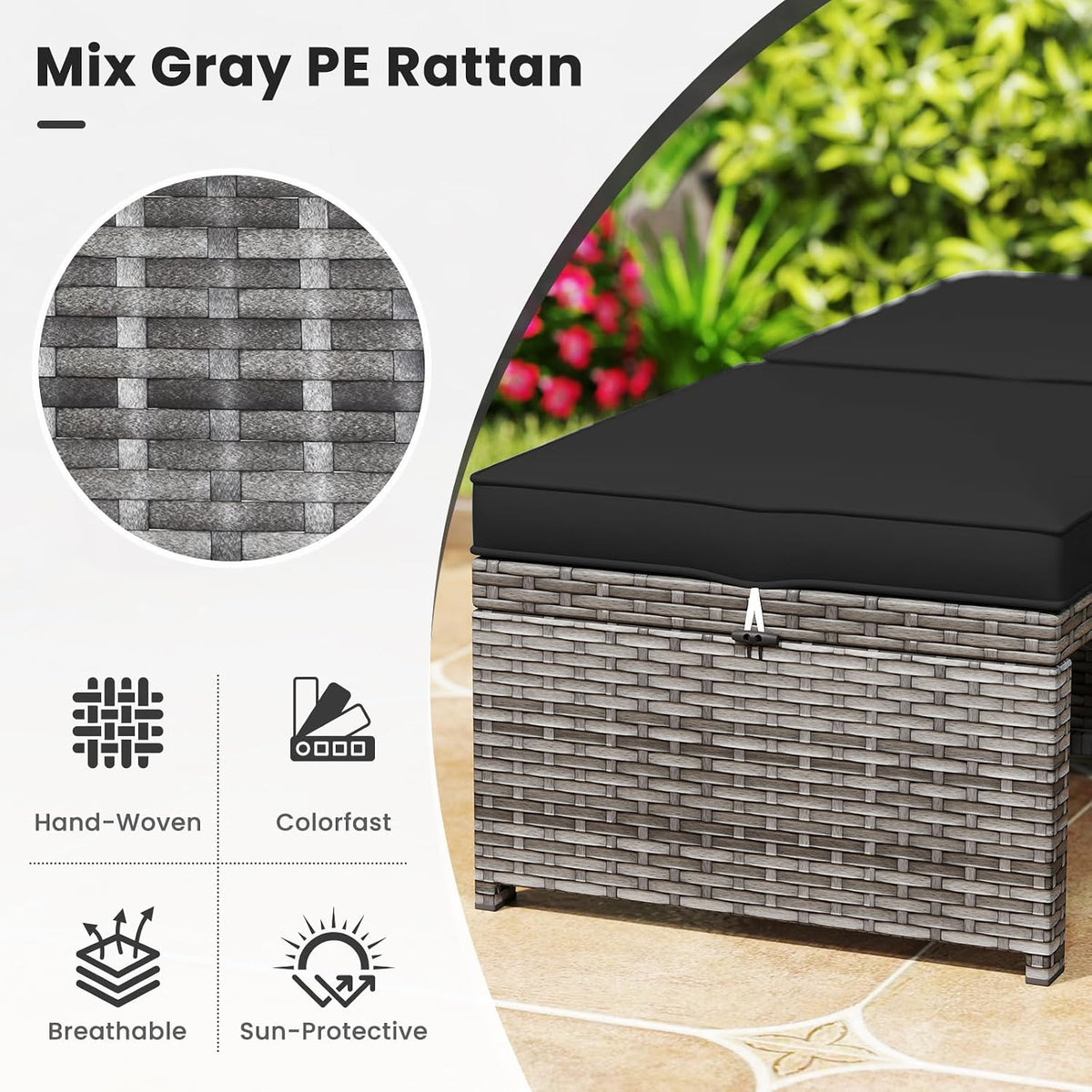 Outdoor Ottomans, Set of 2 PE Rattan Foot Stool w/Soft Zippered Cushions, Multipurpose Patio Ottomans, Outdoor Furniture for Backyard, Additional Seating, Footrest, Side Table (Black)