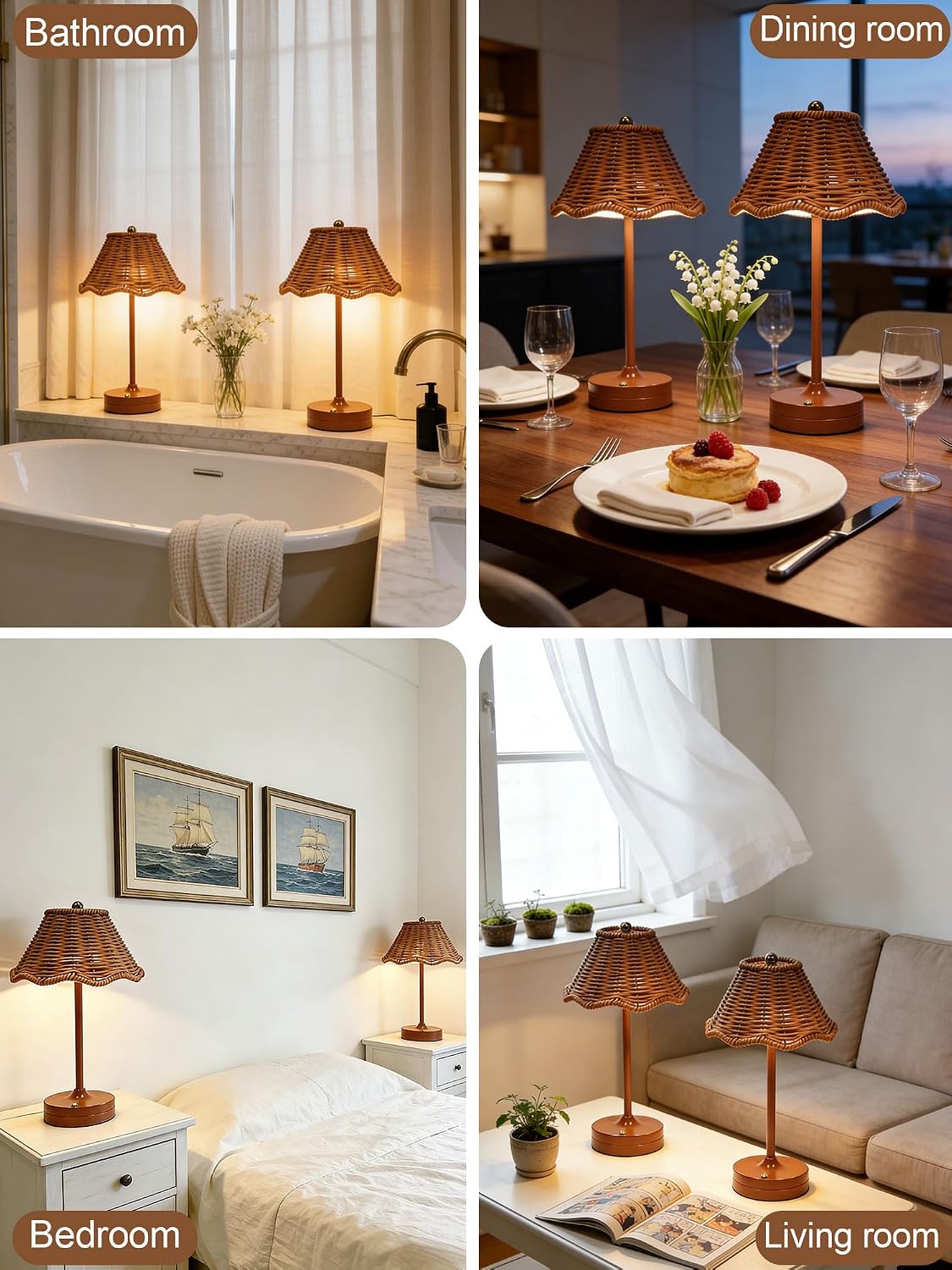 2 Pack Rattan Table Lamp,USB Rechargeable Cordless LED Desk Lamps