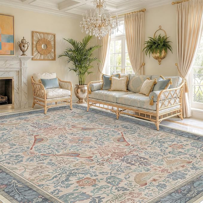 Soft Red and Blue 8x10 Living Room Rug, Oriental Non-Slip Area Rug