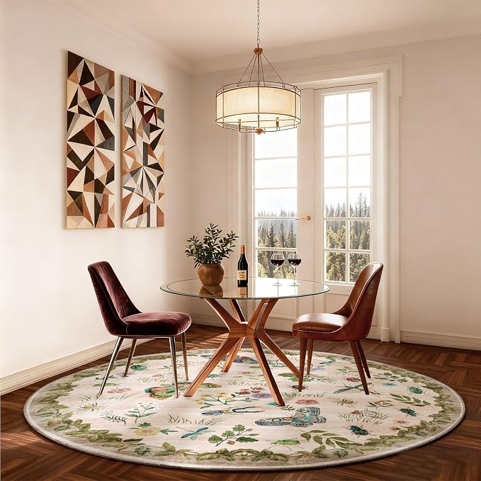 Washable Round Rugs for Bedroom 4ft: Living Room Rug Stain Resistant Non Slip