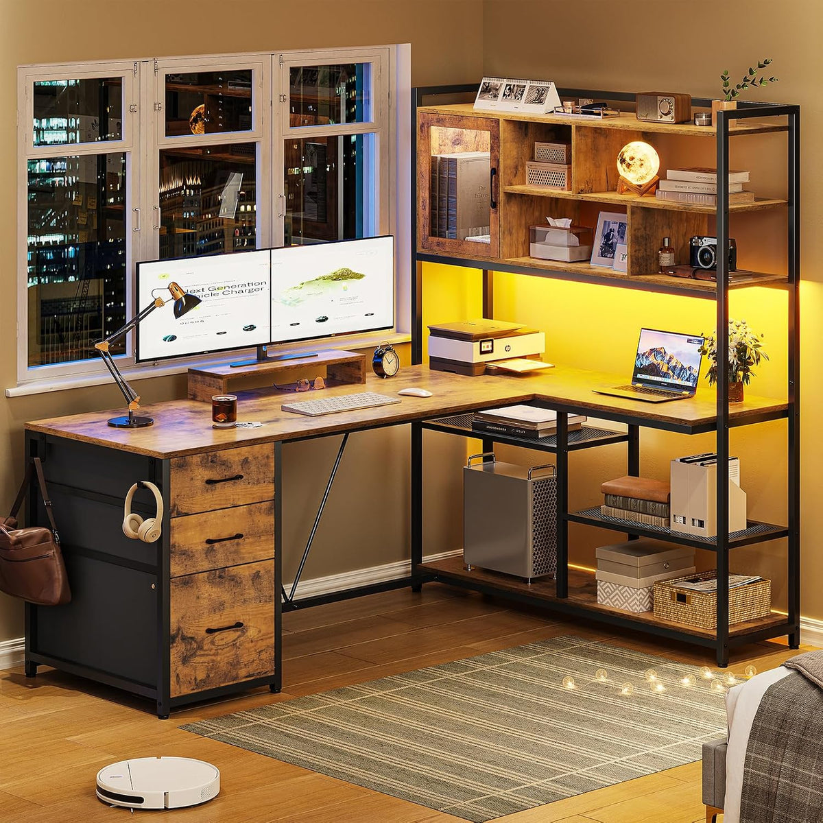 SEDETA 58'' L Shaped Computer Office Desk with 3 Drawers and Bookshelf