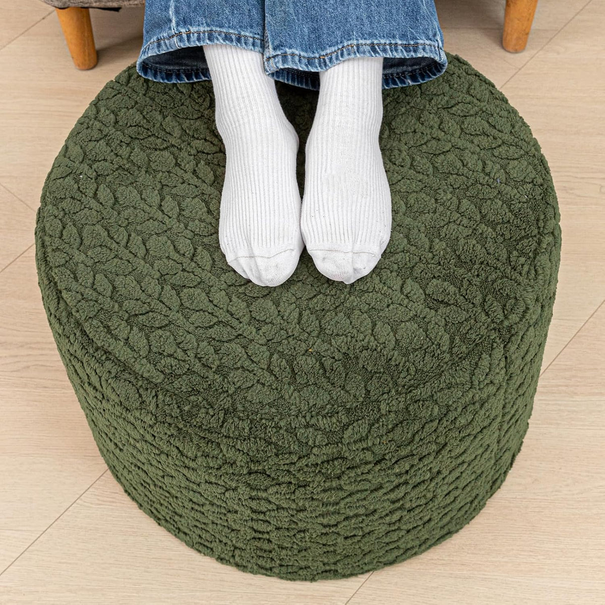 Poofieotto Round Pouf Ottoman, Couch Footrest,Forest Green, 20 x 20 x 14 in