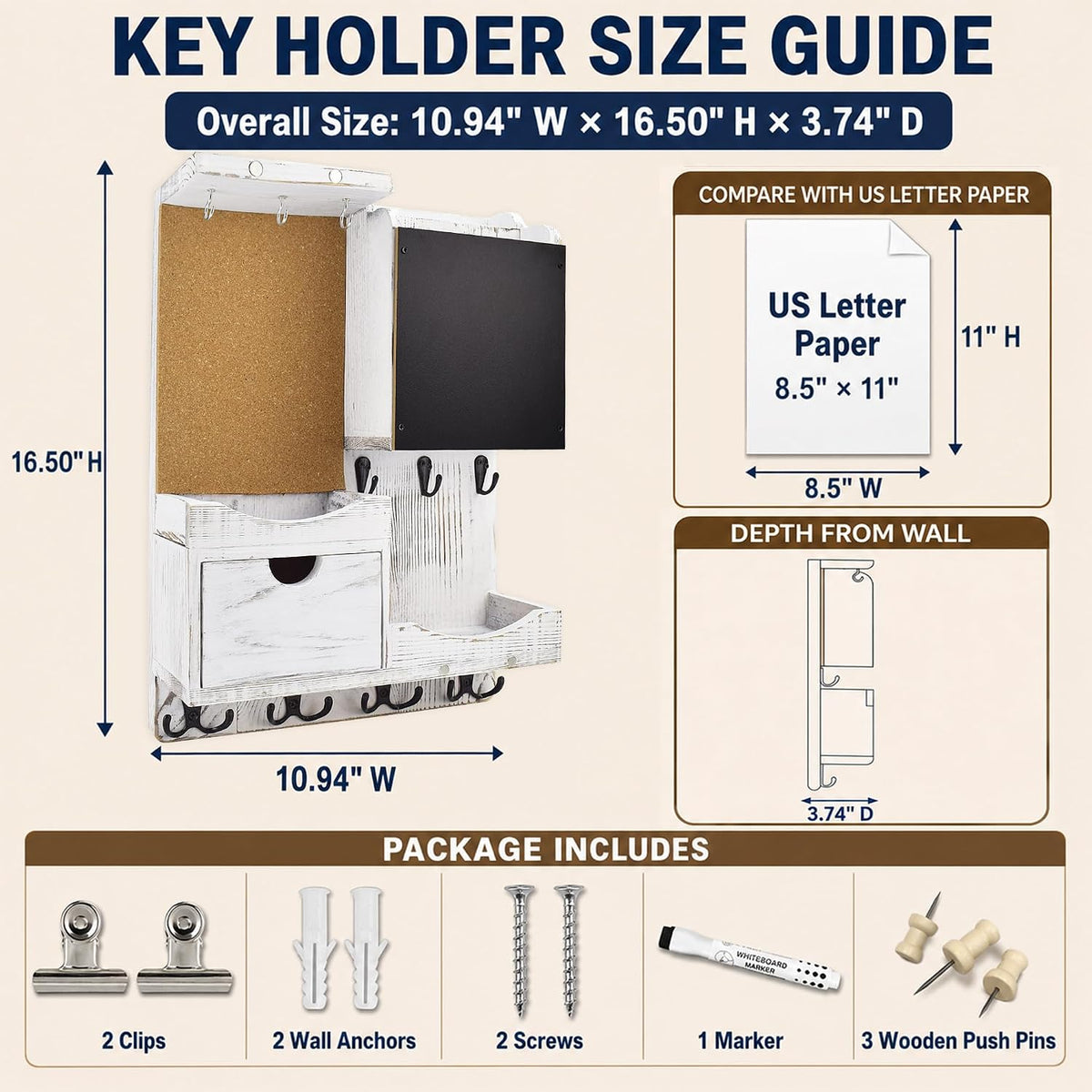Key Holder Wall Mount with Drawer and Mail Organizer, Whitewashed
