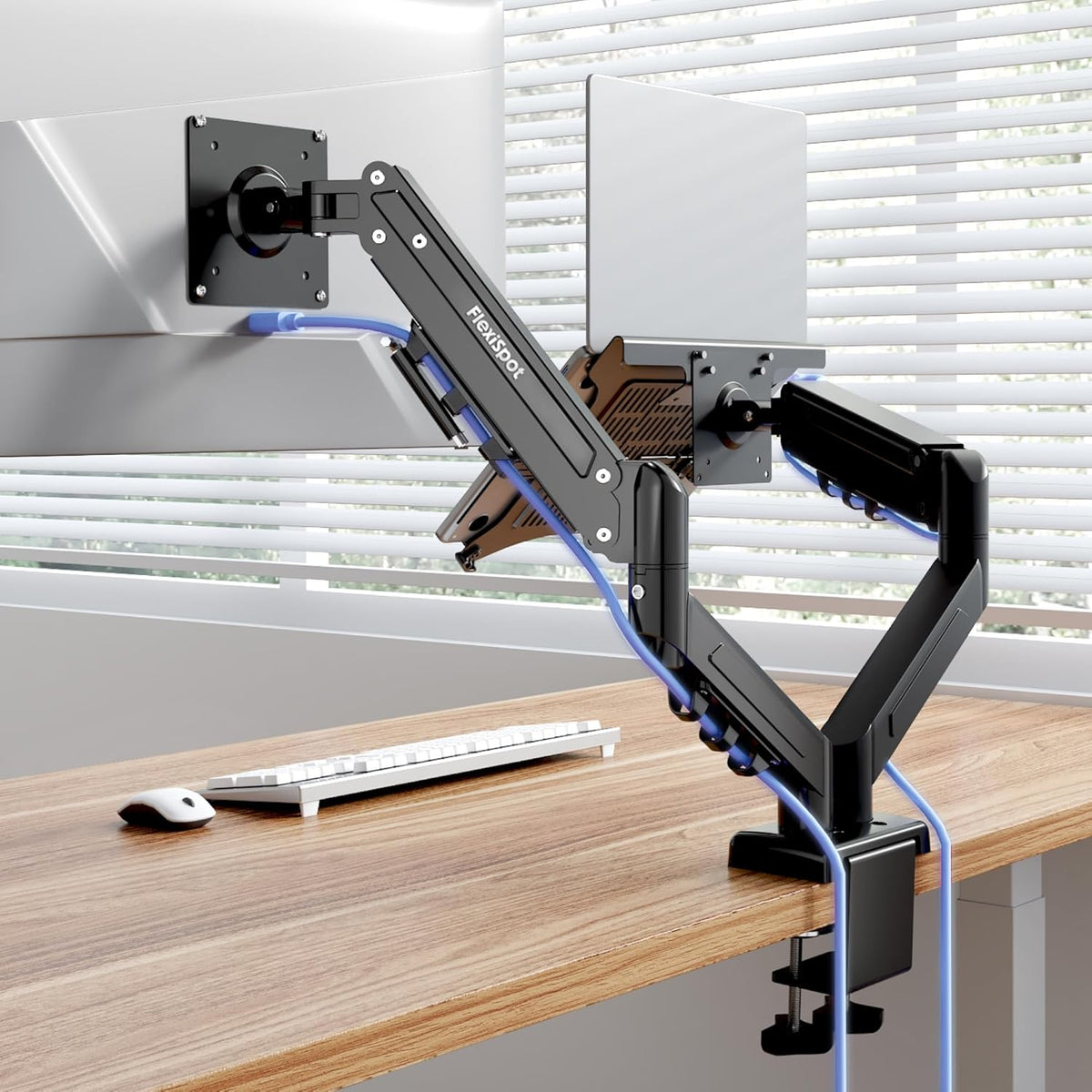 FlexiSpot Laptop Mount, Dual Monitor Arm with Laptop Tray, Fits Up to 32 Inch Monitor and 17.3 Inch Notebook, Full Adjustable Gas Spring Holds up to 19.84lbs per Arm for Office & Home, Black