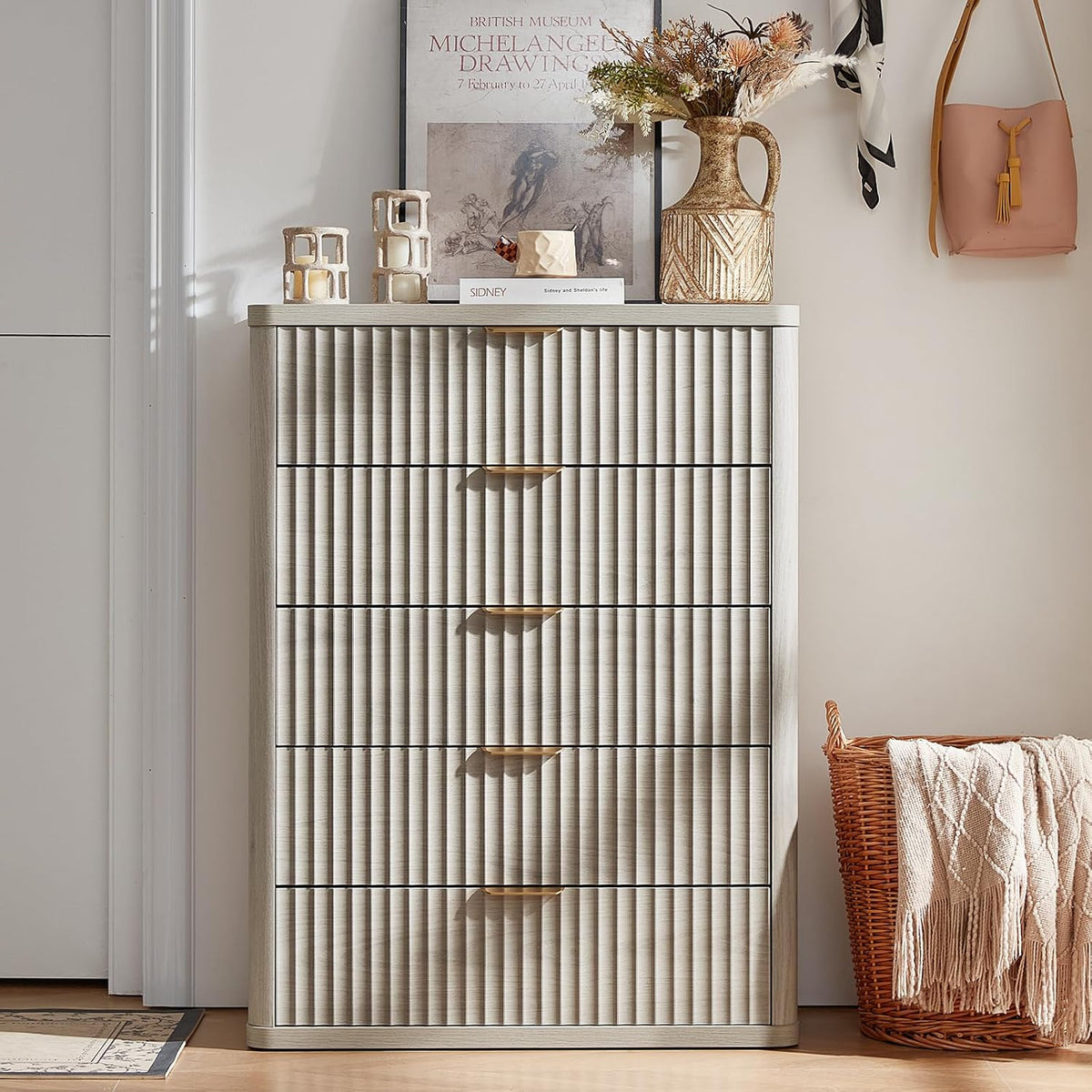 LEYAOYAO Fluted 5 Drawers Dresser Set of 2, 41" Tall Modern Chest of Drawers with Metal Handle, Curved Profile Dresser TV Stand, Wooden Drawer Organizer for Bedroom, Living Room, Hallway, Lightgrey