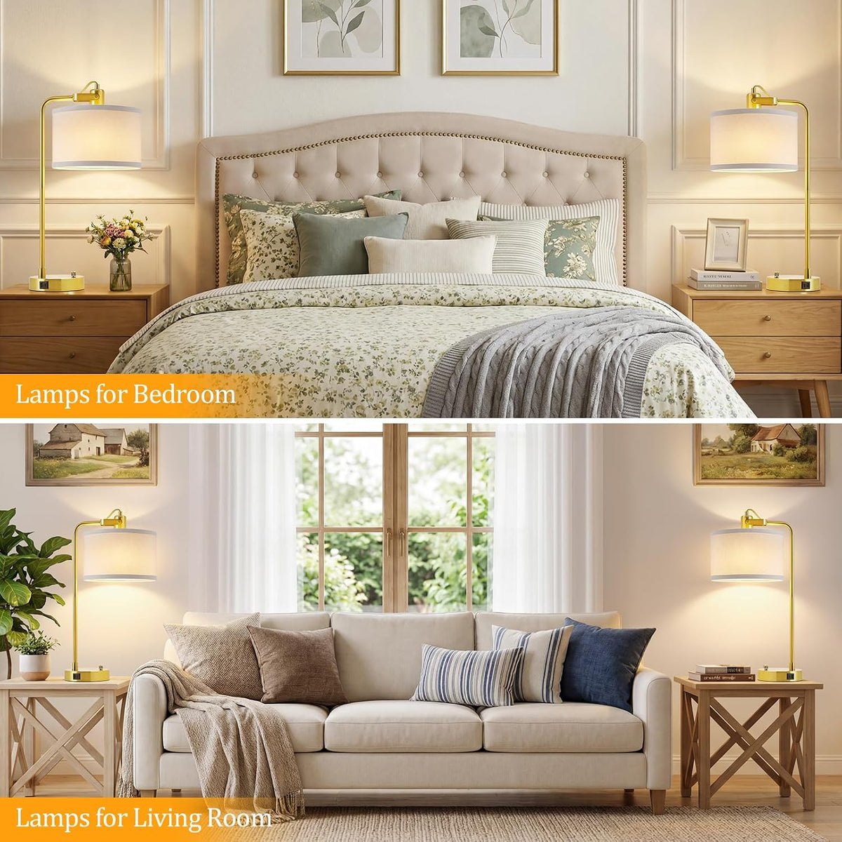Gold Table Lamp Set of 2, USB A+C, 180° Adjustable Bedside Lamps, Dimmable
