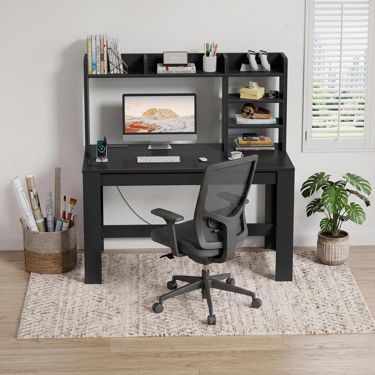 WINAZ 43" Black Gaming Desk with Hutch and Built-in Power Outlet