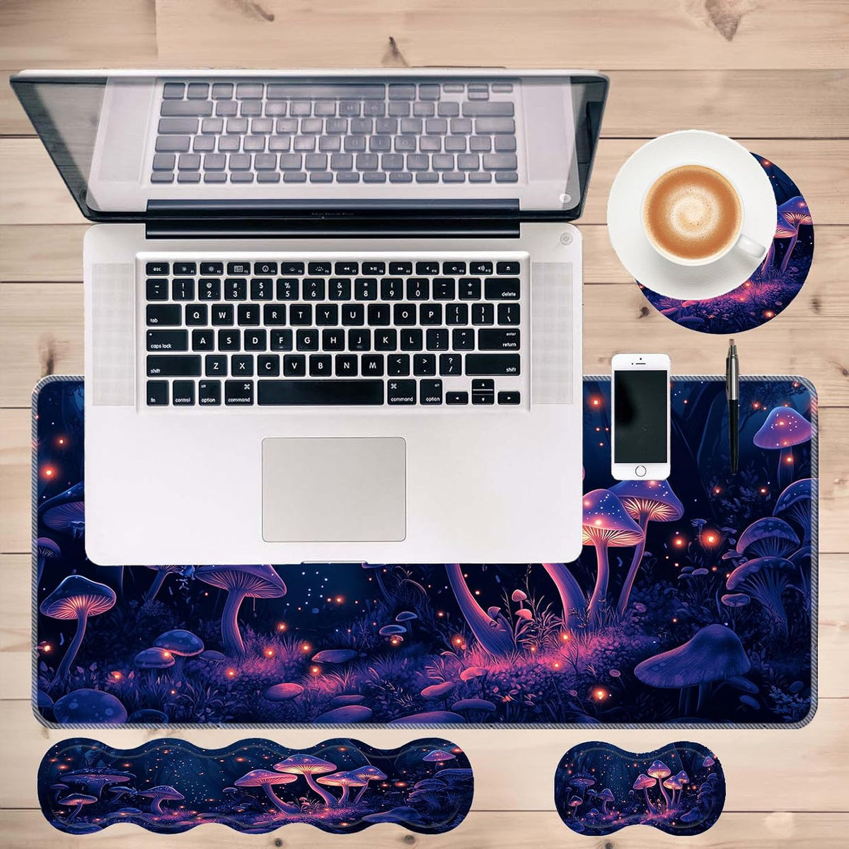 Keyboard Mouse Pad Set,Large Desk Pad+Keyboard Wrist Rest+Mouse Wrist Support+Coaster,Easy Typing Pain Relief Non-Slip Wrist Support Mousepad Set Home Office,Glowing Mushrooms