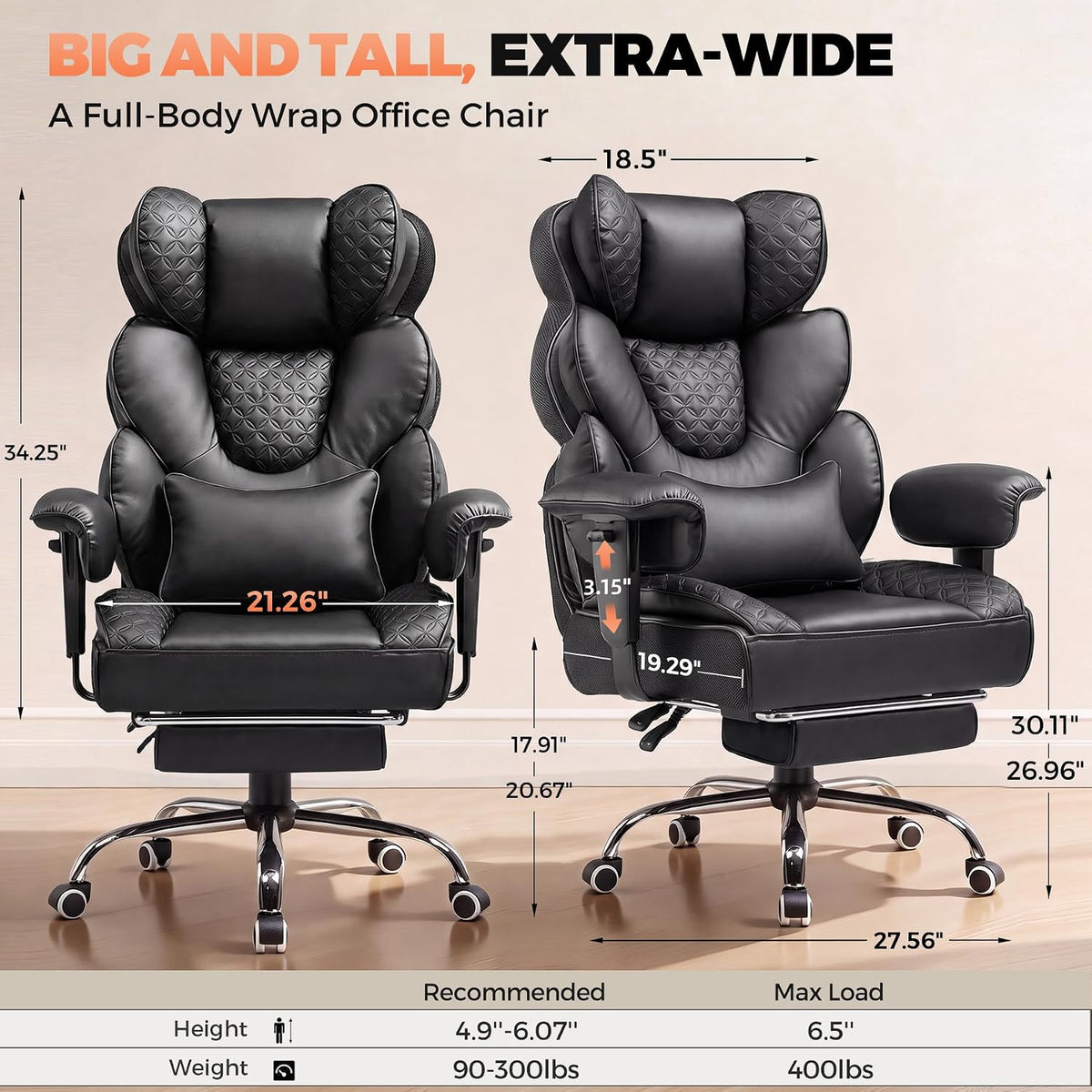 COMHOMA Big and Tall Office Chair with Upgrade Footrest, Heavy Duty Gaming Chair High Back Executive Chair with Spring Lumbar Support for Lower Back Pain Relief, 150°Reclining Adjustable Armrests