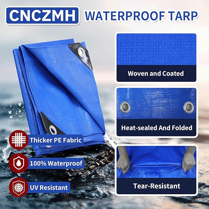 Tarp Heavy Duty Waterproof 18x24 Feet, 10 Mil Thick Blue Poly Tarps Outdoor, Metal Grommets, Reinforced Edges, Multipurpose Tarpaulin Protective Cover for Camping, Boat, Swimming Pools, Car