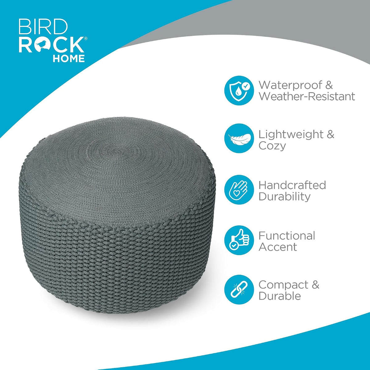 BIRDROCK HOME Indoor Outdoor Pouf Ottoman Foot Rest, Mist, 20”x20”x16”