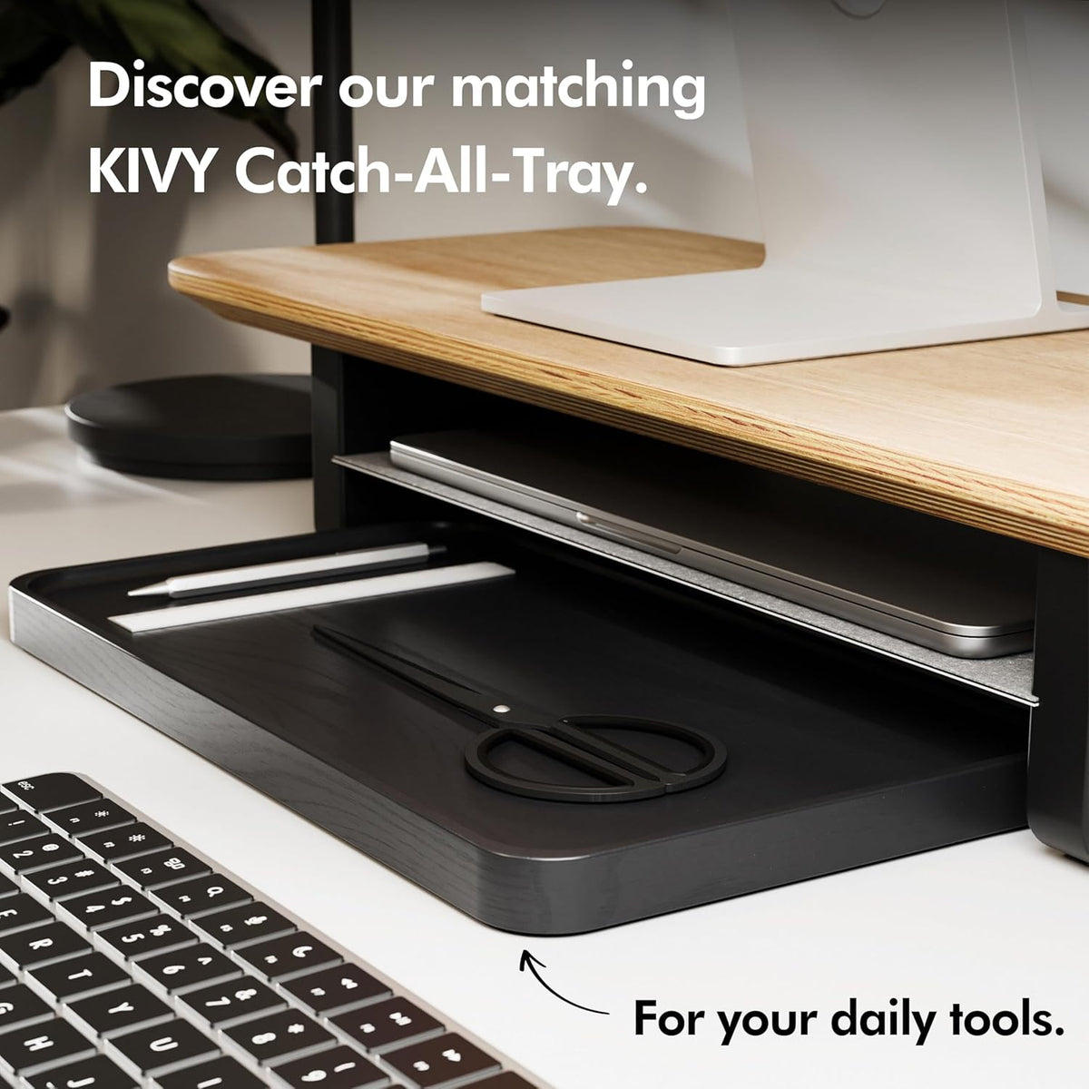 KIVY Dual Monitor Riser With Integrated Metal Shelf - Wooden Desk Shelf
