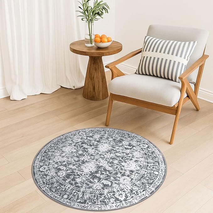 KILOCOCO Round Rug 3ft Vintage Floral Small Circle Rug Machine Washable