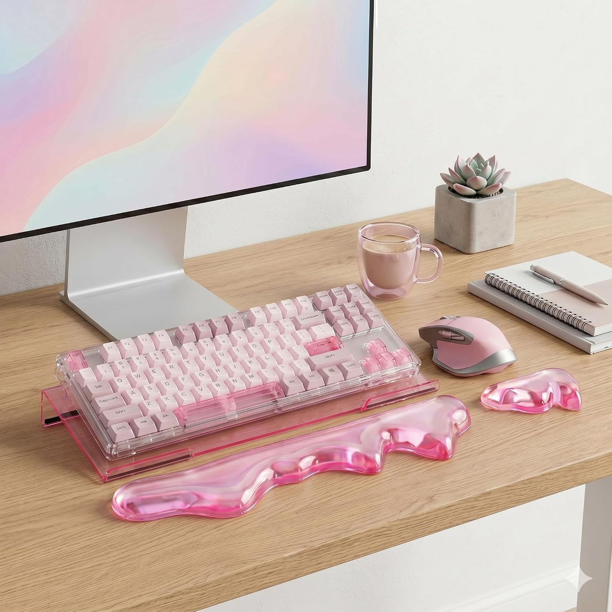 Acrylic Computer Keyboard Stand with Gel Mountain Wrist Rest Keyboard Riser with Comfortable Clear Silicone Mouse Wrist Pad Ergonomic Tilted Transparent Keyboard Holder for Desktop Office Hot Pink