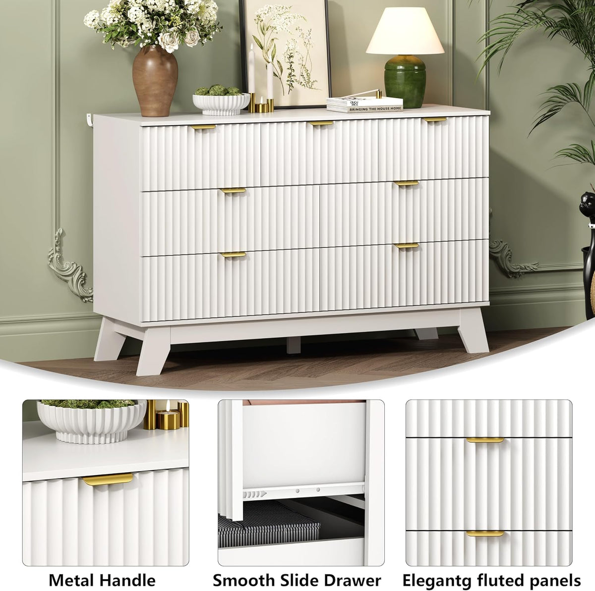 Wodeer 7 Drawer Fluted Dresser for Bedroom, Mid Century Modern Dresser with 7 Drawers, Dressers & Chests of Drawers with Metal Handle, TV Stand & Storage Organizer for Entryway, Hallway, White