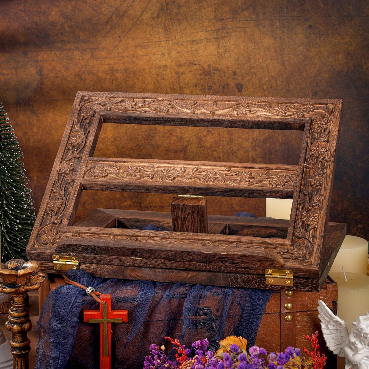 DERTE Adjustable Wooden Bible Stand Carved Missal Book Holder for Table