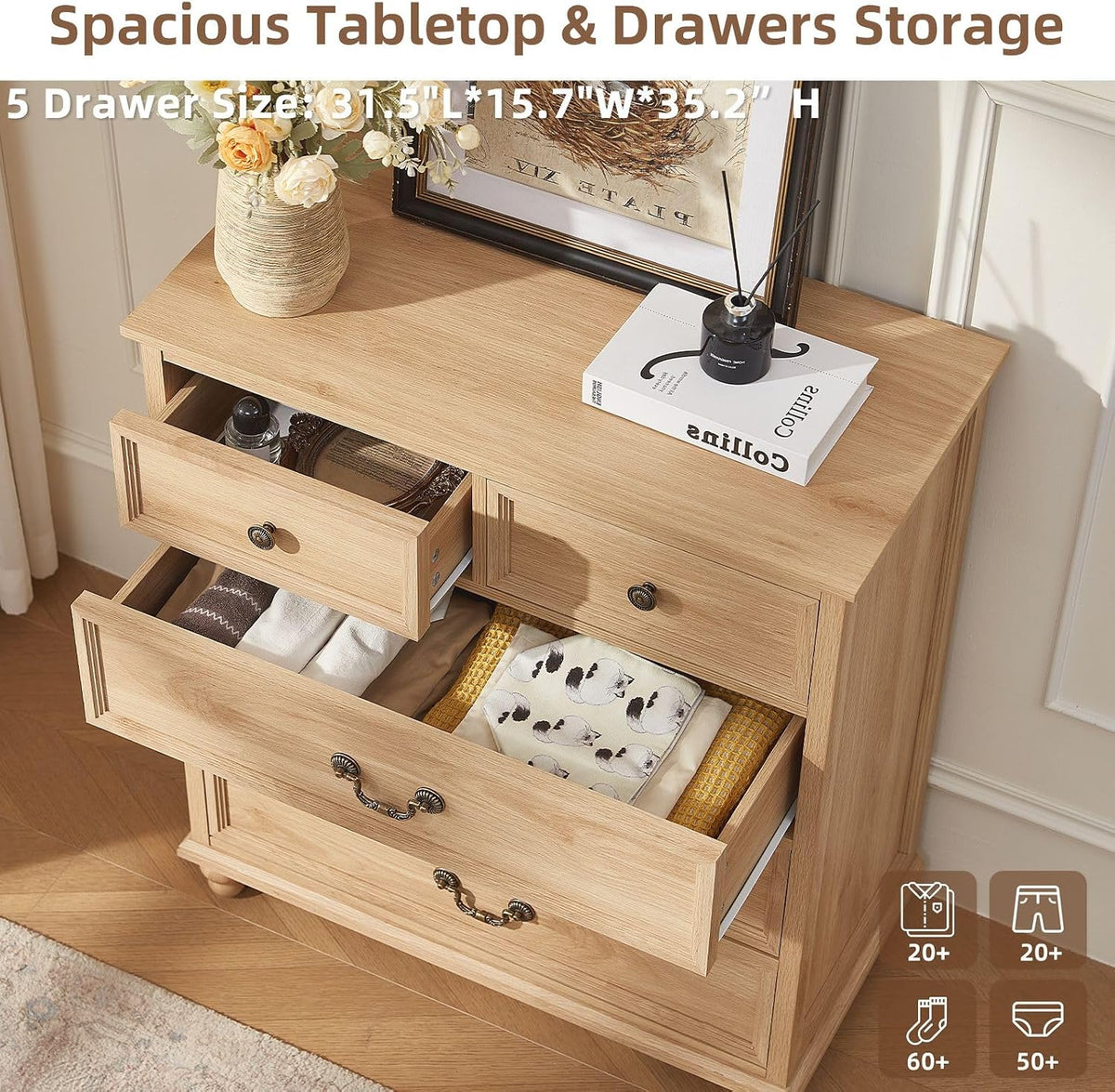 Joaxswe Farmhouse 5 Drawer Dresser for Bedroom, 35" Tall Rustic Chests of Drawers w/ 4 Solid Wood Feet, Mid Century Modern Wooden Closet Storage Dressers Organizer for Living Room, Hallway,Natural