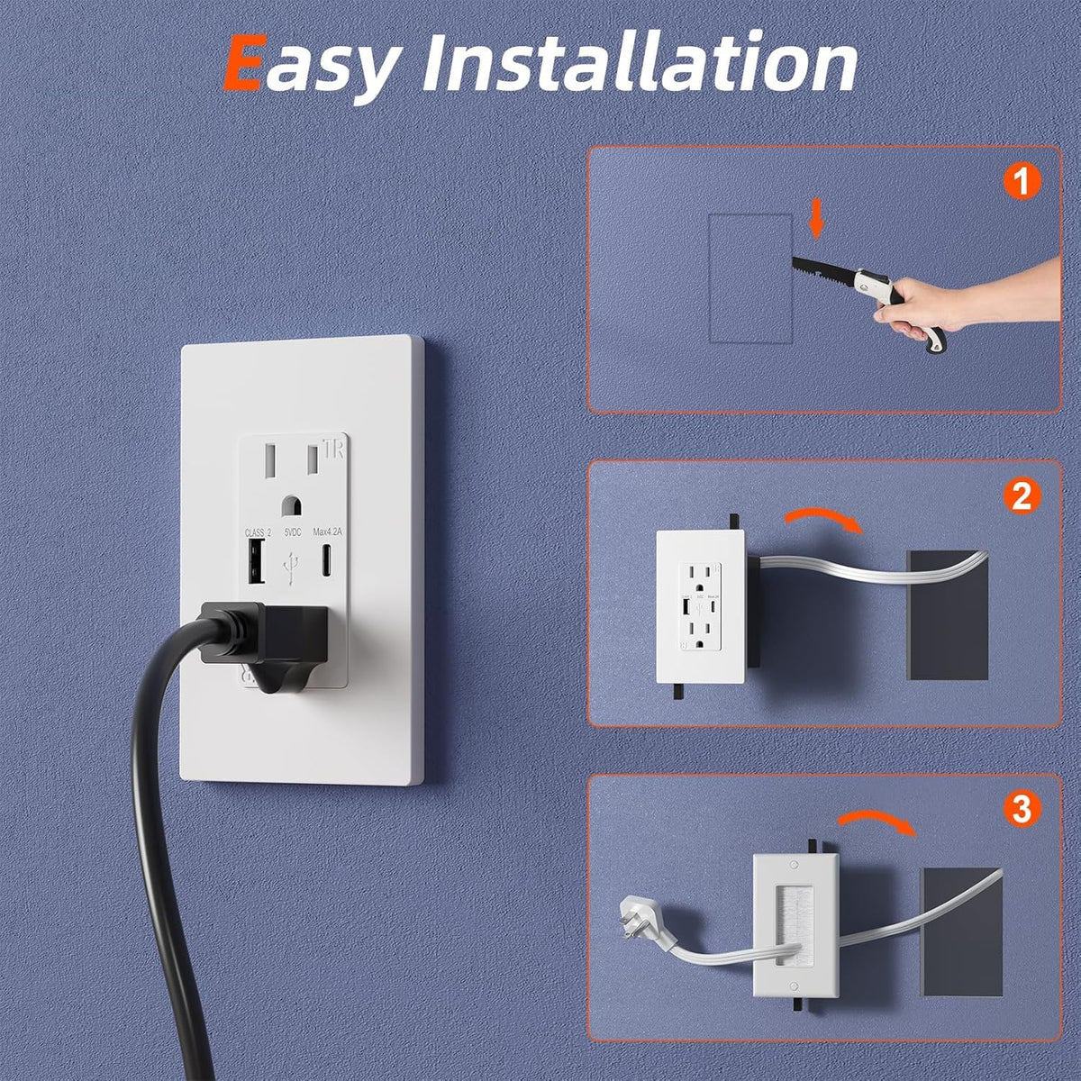in Wall Cable Management Kit,2AC+USB-a+USB-c,in Wall Power Kit for Unreachable Outlets,7.8ft Outlet Extender for TV,Home Theater,Sofa,Desks,Nightstands