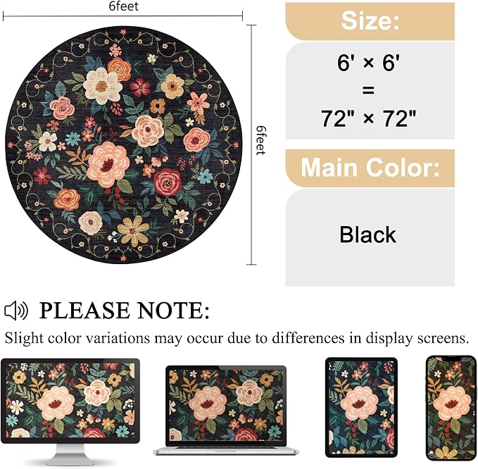 DUKINO Floral Round Rug, 6ft Washable Circle Rug, Non Slip Indoor Low Pile