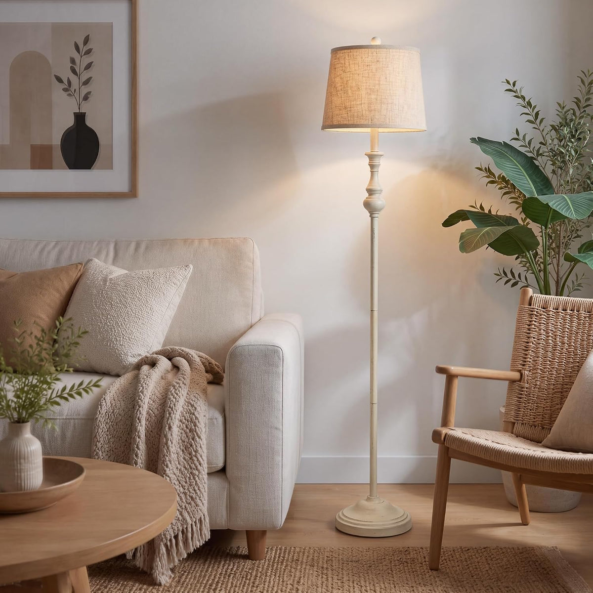 Coucrek Farmhouse Floor Lamp, 62" Tall Rustic White Lamp for Living Room